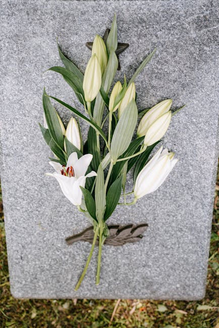 A floral arrangement featuring white lilies with large, open petals and prominent red stamens, accompanied by several white bud-like flowers with elongated, pointed petals. The flowers are set against