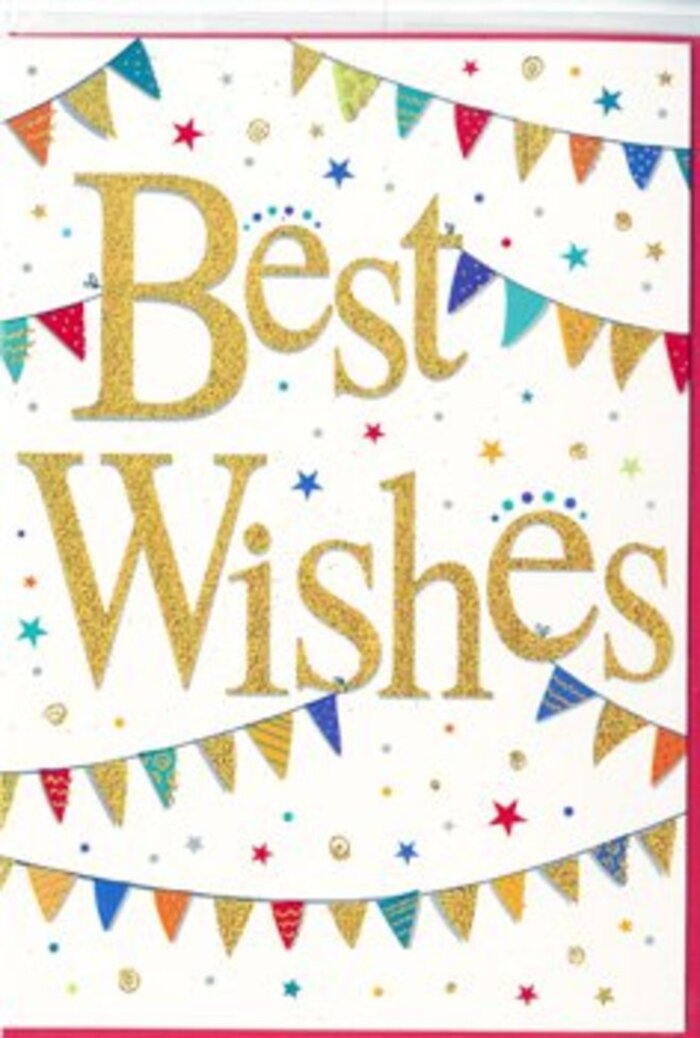 In this congratulations card, the simple phrase Best Wishes becomes the glowing heart of a miniature celebration, much like the thoughtful touches added to a floral delivery winding its way through the streets of Archway. The words themselves are written in flowing, cursive script across the centre of the card, rendered in luminous gold that appears slightly raised, giving the impression of a velvet-smooth, embossed finish. The gold seems to shimmer as though lit by soft evening light filtering down from Highgate Hill, offering a sense of warmth and reassurance. Encircling the message, playful strings of bunting sweep in gentle curves, one strand above and one below, echoing the easy arch of a smile. Each tiny triangular flag is painted in bright, celebratory colours-deep crimson, cobalt blue, grassy green, sunny yellow, and hints of magenta-with a mix of patterns such as stripes, polka dots, and tiny mosaic designs. These details suggest care and craftsmanship, like decorations carefully strung for a community gathering near Archway Tavern. Scattered around the bunting are clusters of small stars and confetti-like dots in complementary hues, floating freely across the white background as if suspended in mid-air after being tossed in delight. The card's overall design feels both airy and vibrant, with the clean white space allowing the colours and gold lettering to shine. It's the sort of card that pairs beautifully with celebratory flowers-perhaps for a new job, a new baby, or a move within the Archway area-offering a gentle but unmistakable message of positivity, hope, and shared happiness as life moves into its next chapter.